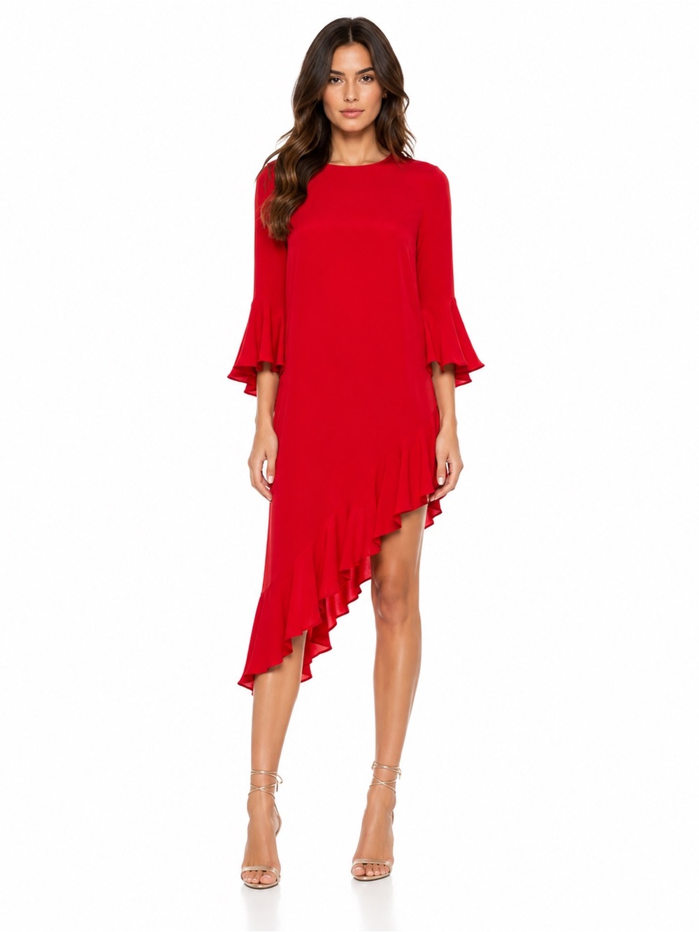 ALEXIS Silk Crepe Ruffle Bell Sleeve High Low Asymmetrical Cocktail Party